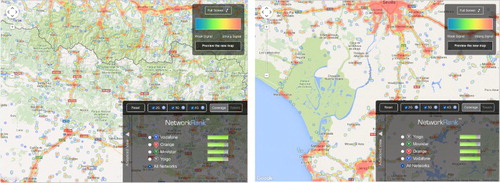 Figure 1. Mobile data coverage in Pyrenees and in Marismas of Guadalquivir (source Open Signal, http://opensignal.com August 2016).