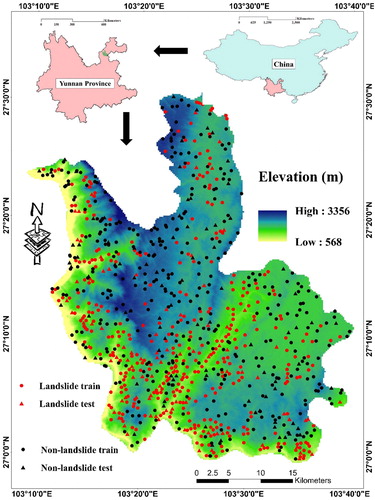 Figure 1. Location of the study area and spatial distribution of landslides.