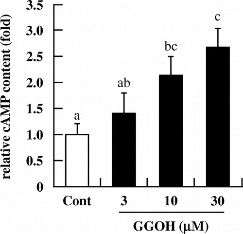 Fig. 4 GGOH stimulates intracellular cAMP levels in I-10 cells. Cells were treated with indicated concentrations of GGOH for 1.5 h, then collected and acetylated before measuring of cAMP levels in cell lysates by EIA.Notes: Data are presented as mean ± SD (n = 3). Different letters indicate significant differences (p < 0.05).