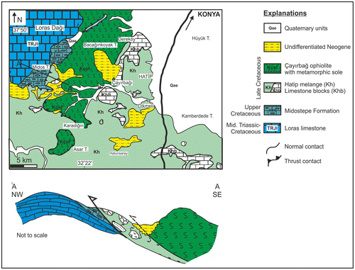 Figure 3. Geological map of the Neotethyan units to the southwest of Konya (from Özcan et al., Citation1990). Cross section showing the tectonic relations of the platform and oceanic assemblages in the study area.