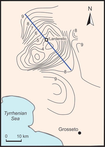 Figure 3. Contour lines in kilometers (equidistance: 0.5 km) of the K-horizon depth (modified after Batini et al., Citation2003). The blue line is the trace of the K-horizon profile shown in Fig. 14–15.