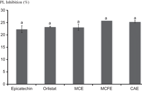 Figure 1 The inhibitory effect (%) of Epicatechin, Orlistat, MCE, MCFE, and CAE at a concentration of 0.25 mg/mL on PL activity. Values with different letters indicate a significant difference (p < 0.05), Duncan test, SPSS version16 (n = 3). MCFE: Morinda citrifolia fruit extract; MCE: Momordica charantia extract; CAE: Centella asiatica extract; PL: Pancreatic lipase.