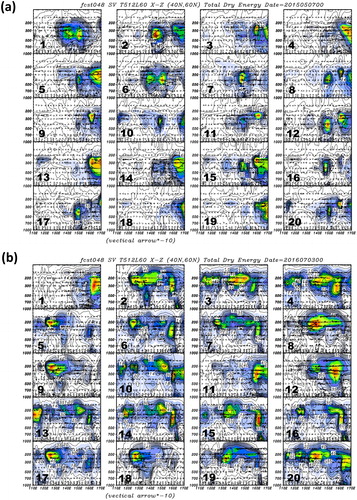 Fig. 8. As in Fig. 7, but the forecasts of the mid-latitude singular vector perturbations are shown. (a) For 48-hour forecast of 0000 UTC 7 May 2015, the valid time 0000 UTC 9 May 2015. (b) For 48-hour forecast of 0000 UTC 3 July 2016, the valid time 0000 UTC 5 July 2016.