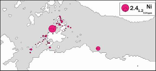 Figure 3. Spatial distribution of nickel content in American minks’ spleen in Breiðafjörður Bay, West Iceland