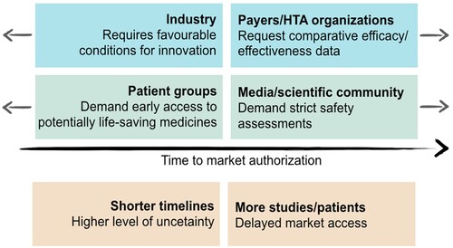 Figure 1. Different driving forces in the Price & Reimbursement (P&R) process, leading to market authorisation, adapted from Eichler et al. (Citation2008)