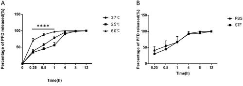Figure 3. The effect of temperature and release medium on drug release in vitro. (A) Drug released from SCLs at different temperature, the data were described as mean ± SDs (n = 4) (****p<.0001); (B) drug release in vitro with release medium was PBS or STF, the data were depicted as mean ± SDs (n = 5).