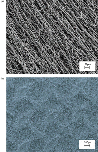 Figure 6. SEM micrographs of (a) oriented PCL fiber bundle, (b) macroscopically textured PCL scaffold.