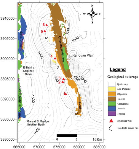 Figure 9. Depth map of the top Oligocene horizon (in m) (with respect to the topography).