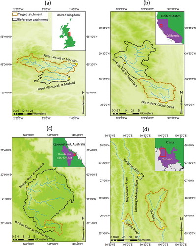 Figure 2. Study regions and reference/target catchments: (a) UK, (b) USA, (c) Australia, and (d) China.