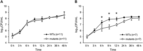 Figure 4 The change of the growth curve with the acquisition of SXT-resistance. The growth curve of Staphylococcus aureus strains that sustained resistance (n=11) (A) or that returned to susceptible (n=7) (B). The vertical axis indicates the optical density of wild type strains (WTs; closed square) and DfrB mutants (open circle). *P <0.05.