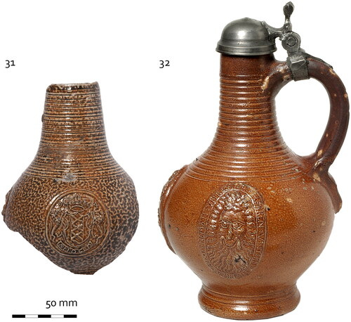 FIG. 10 Pear shaped stoneware jugs from Frechen (30. WLO-370-29) and Raeren (31. MW8-1). The Frechen jug, with a medallion showing the Amsterdam coat of arms and dating (15) 94, was retrieved from the 1595-1597/1601 Vlooienburg land reclamation dump, the Raeren piece can most likely be related to the same context and was excavated during the construction of the metro line at the Waterlooplein site in 1972. (photographs, Wiard Krook and Ron Tousain, Monuments and Archaeology, City of Amsterdam). 
