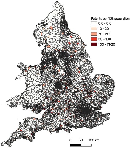 Figure 1. Patent intensity by lower super output area (LSOA), 2017.Notes: Patents per 10,000 working-age population in each LSOA. Readers of the print article can view the figures in colour online at https://doi.org/10.1080/00343404.2023.2252900Sources: Patents data are from the Intellectual Property Office (IPO) (see the text for derivation); working population data are from the National On-line Manpower Information System (NOMIS).