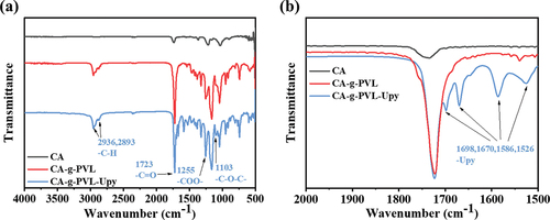 Figure 1. (a) FTIR spectra of CA, CA-g-PVL, and CA-g-PVL-Upy and (b) the enlarged spectra in the wavenumber range from 1500 to 2000 cm−1.