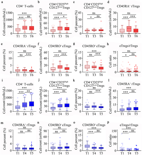 Figure 3 Dynamic changes in SARS-CoV-2-specific CD4+ T cell responses to three doses of inactivated COVID-19 vaccines in two PLWH cohorts. (a) The changes in the absolute counts of CD4+ T-cells at pre-vaccination (T1), 3 months after the 2nd vaccination (T3) and 2 months after the 3rd vaccination (T6) in cohort 1. The changes in the absolute count and frequency of CD4+CD25High CD127Low Tregs (b and c), CD45RA+ rTregs (d and e) and CD45RO+ eTregs (f and g) at T1, T3 and T6 in cohort 1. (h) The difference in eTregs/rTregs ratio at T1, T3 and T6 in cohort 1. (i) The changes in the absolute counts of CD4+ T-cells at T1, 5 months after the 2nd vaccination (T4) and one month after the 3rd vaccination (T5) in cohort 2. The changes in the absolute count and frequency of CD4+CD25HighCD127Low Tregs (j and k), CD45RA+ rTregs (l and m) and CD45RO+ eTregs (n and o) at T1, T3 and T6 in cohort 2. (p) The difference in eTregs/rTregs ratio between T1, T3 and T6 in cohort 2. ns P > 0.05, * P < 0.05, ** P < 0.01, *** P < 0.001.