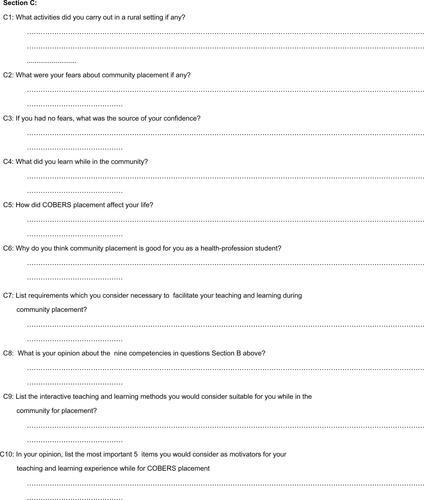 Figure S2 Post-community placement questionnaire.Abbreviation: MESAU, Medical Education for Equitable Services for All Ugandans.