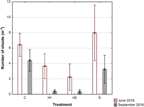 Figure 1. Means and 95% confidence limits of number of shoots in C (control), H1 (early herbicide application), H2 (late herbicide application) and S (Selective cutting) prior to the second treatment (June 2016) and at harvest (September 2016).