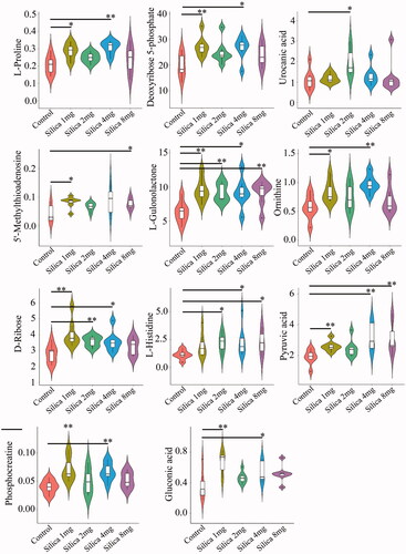 Figure 6. Changes in relative contents of key metabolites, *p < 0.05 and **p < 0.01.