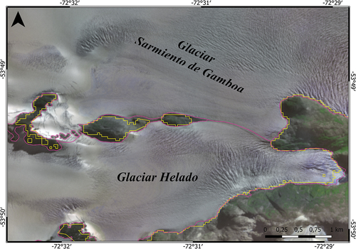 Figure 8. Glacier inventory comparison displayed on the Sentinel-2 image of 31/03/2017 using a real color composition with enhanced saturation using the near-infrared band. The staggered yellow line indicates the inventory of Meier, Hochreuther, and Braun (Citation2018), while the pink line shows our glacier inventory.