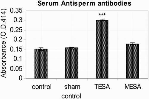 Figure 1.  Comparison of serum anti-sperm antibody levels in control, sham-control, TESA, and MESA groups. Each bar indicates mean absorbance on ELISA (optical density at 414 nm) and the error bars represent the mean ± SEM of six animals. Significant at ***(P < 0.001). Data indicates no significant difference in the serum antisperm antibodies levels between the control and sham-control groups. The titer in TESA group was significantly elevated in comparison with MESA or control animals (P  <  0.001). However, in MESA group titer was higher than control and sham-control animals; but the differences were not statistically significant. TESA: testicular sperm aspiration; MESA: microsurgical epididymal sperm aspiration
