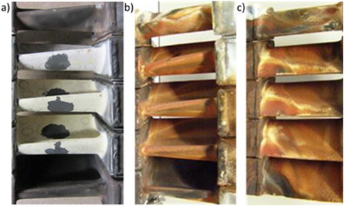 12 Cassette of blades from the first cascade stage of the initial 1000 h trial showing: a leading edge pre-exposure, b leading edge post-exposure and c trailing edge post-exposure