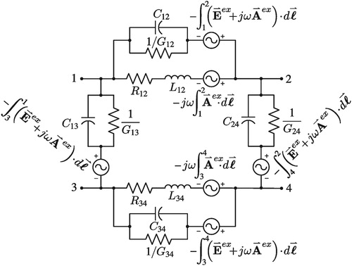 Figure 8. Model of a section of transmission line (constructed with two conductors) based on Maxwell's equations and path-independent node voltages