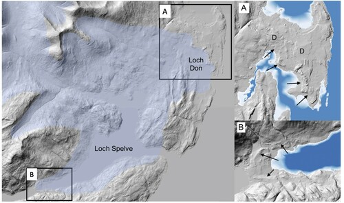 Figure 10. The Spelve-Don lobe of the Mull Icefield (pale blue in main panel), and detailed views of the Don (A) and Spelve (B) moraines. Large raised deltas (D) lie outside the Loch Lomond readvance limits at Loch Don. Base maps: © Crown copyright and database rights 2021 Ordnance Survey (100025252).