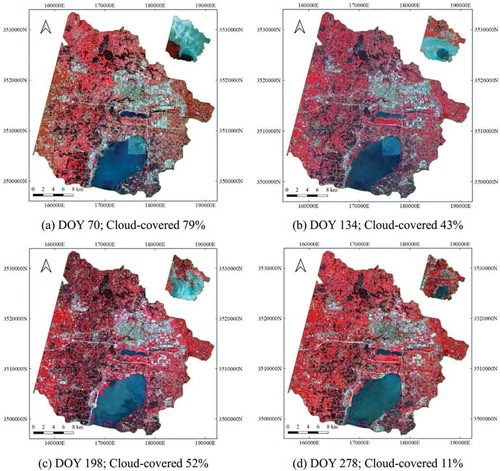 Figure 11. Reconstruction results of the time-series Landsat images for Jintan using the proposed method (cloud-covered masks on the top right), and the text below the image indicates the imaging dates and cloud-covered ratios