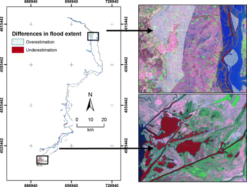 Figure 2. Differences observed from the overlay of the official flood extent map and the classification following the bi-level OBIA approach using the NDWI and the post-flood LANDSAT bands, highlighted using the post-flood (upper right) and pre-flood image (lower right).