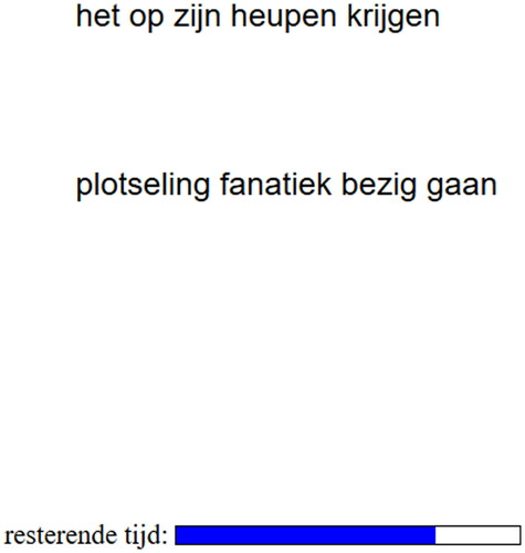 Figure A1. Screenshot of the PAL paradigm exercise. The upper phrase is the Dutch idiomatic expression, and the phrase below is the corresponding meaning. Participants were instructed to carefully read the idiom-meaning pair. No explicit task was formulated.