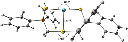 Figure 9 Calculated geometry of AuCu[MTP(Ph)]2 complex with the C-Cu-S angles (°) shown.