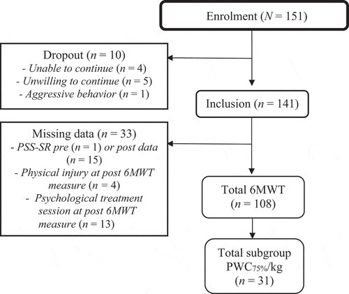 Figure 1. Participant flow chart. 6MWT = 6-Minute Walk Test; PWC75%/kg = submaximal ergometer test.