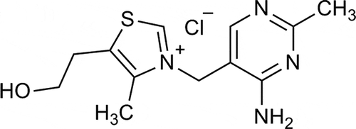 Figure 1. Basic structure of thiamine composed of a pyrimidine ring and a thiazole ring.Estructura básica de tiamina compuesta de un anillo pirimidina y de un anillo tiazol.