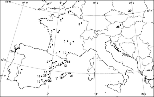 Location of the 29 pollen- and associated meteorological stations used in the study (see Table I for the correspondence between station codes and names, and geographical data).