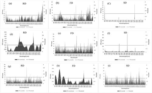 Figure 4. Important wavelength plots for predicting soil N (a- c), P (d-f) and K (g – i) based on various spectral transformations, PLSR model, Variable Importance projection (VIP) and the b-coefficients.