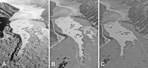 FIGURE 4 Oblique aerial photographs showing the disintegration of the lower Tasman Glacier terminus between (A) March 2006, (B) 2007, and (C) 2008 (photos: S. Winkler).