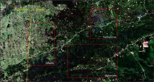 Figure 2. Map of land cover in central Toledo District. The approximate boundaries of land use of the three Maya villages discussed in the paper are marked with red rectangles.