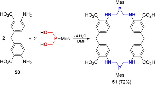 Scheme 30. Reaction of bis(hydroxymethyl)mesitylphosphine and bis(4-amino-3-carboxyphenyl)methane.[Citation52]