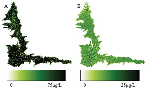 Figure 7 Estimated chlorophyll distribution in Jordanelle Reservoir, Utah, on 22 August 2002 (left) and 21 May 2003 (right).