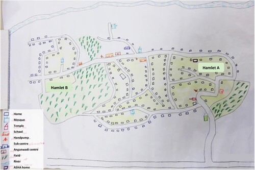 Figure 4. Social map of village 4, Rampur district. [Caste groups by hamlet: A (GC and OBC Muslim, SC harijan), B (GC Muslim).]