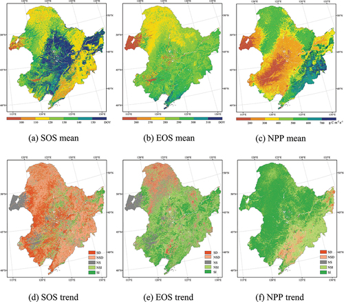 Figure 4. Spatial distribution of multi-year averages and changes of vegetation NPP and phenology. (a) the multi-year mean of SOS, (b) the multi-year mean of EOS, (c) the multi-year mean of NPP, (d) the temporal trend of SOS, (e) the temporal trend of EOS, and (f) the temporal trend of NPP during 2001–2020 on the NEC.
