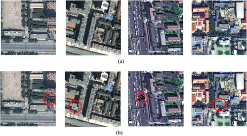 Figure 1. Tampering examples of high-resolution remote sensing images. (a) Original images; (b) Tampered images.