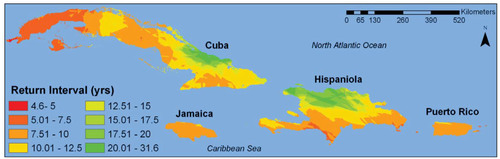 FIGURE 3. Hurricane return intervals of the Greater Antilles based on a complete record of hurricane track and size data from 1851–2009 (CitationNOAA, 2009). Hurricane tracks were buffered by category-specific radii (derived from CIRA EBTD at http://www.cira.colostate.edu/) and then strikes were recorded for 90 × 90 m cells for a grid covering the Greater Antilles.