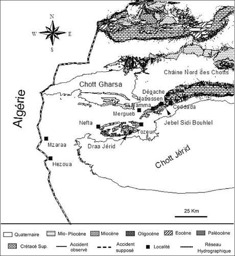 Fig. 3 Carte géologique et principales localités du Jérid.