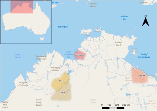 Figure 1. Areas in northern Australia, where Jaru, Gija, Murrinhpatha and Garrwa are traditionally spoken