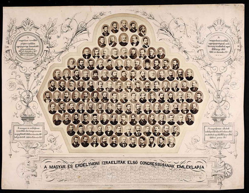 Figure 2. A memorial tableau of the Jewish Congress, with portraits (and names) of 133 of its delegates. Image courtesy of the Hungarian National Museum, Budapest