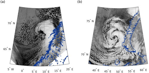 Fig. 1. IR satellite images of two PLs with different cloud signatures: (a) Comma-shaped PL over the Norwegian Sea on 25 March 2019 (image from AVHRR channel 4) and (b) Spiraliform PL over the Barents Sea on 20 December 2002 (image from MODIS spectral band 31).