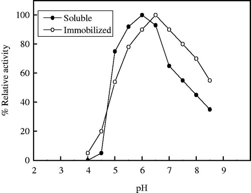 Figure 6. Optimum pH of soluble and immobilized T. harazianum α-amylase on PPyAgNp/Fe3O4-nanocomposite. Each point represents the average of two experiments.