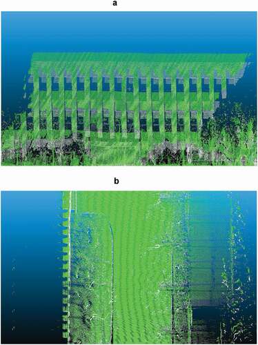 Figure 17. Comparison diagram of a building’s point cloud before and after calibration (a) Front view of a building before and after calibration; (b) Top view of a building before and after calibration (In the above figures, the green point cloud is the point cloud data before calibration, and the white point cloud is the point cloud data after calibration)