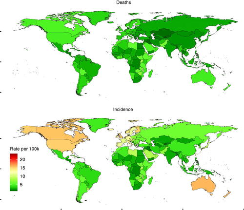 Figure 1. The global disease burden of non-Hodgkin lymphoma for both sexes in 195 countries and territories in 2017. The age-standardized deaths rate (upper) and the age-standardized incidence rate (lower). The world map was created using R program package “maps” (version 3.3.0, https://cran.r-project.org/web/packages/maps/index.html).