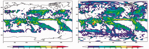 Figure 1. Comparison of observed TRMM rain rate (left panel) and assimilated rain rate (right panel) for the month of November 2004. Shown are averaged daily precipitation in mm day−1.